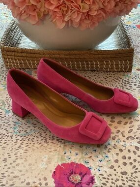 Talbots Pink Suede Block Heel Pumps with Covered Buckle